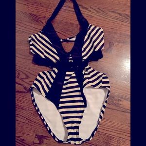 ASOS cutout striped swimsuit. Attached belt at waist. Size 10.